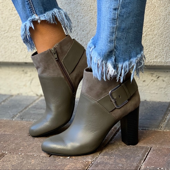 Olive Distressed Leather Chunky Heel Ankle Booties - Picture 3 of 8